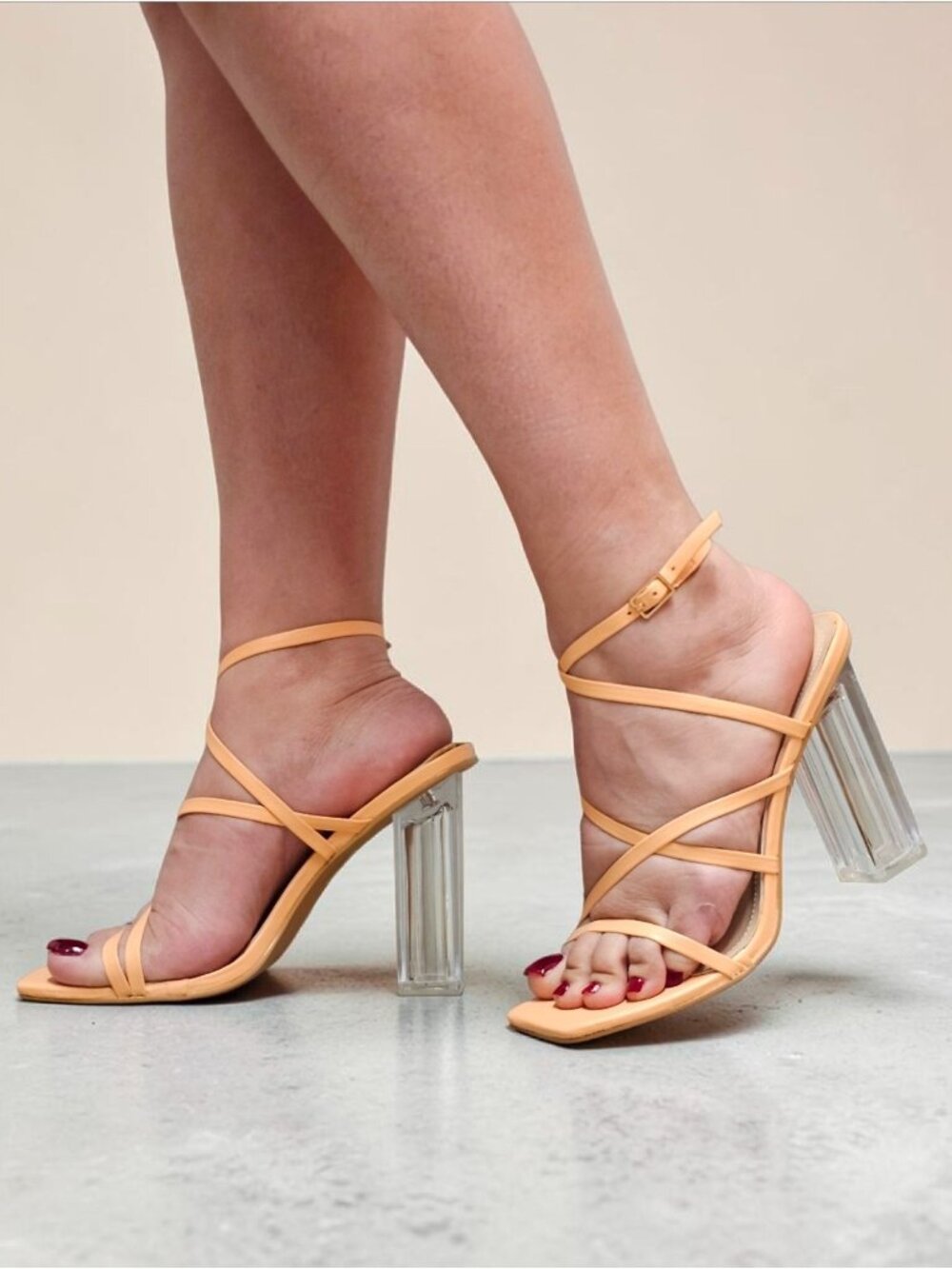 Peach Strappy Heeled Sandals With Clear Block Heel - Womens Trendy Open-Toe Desi